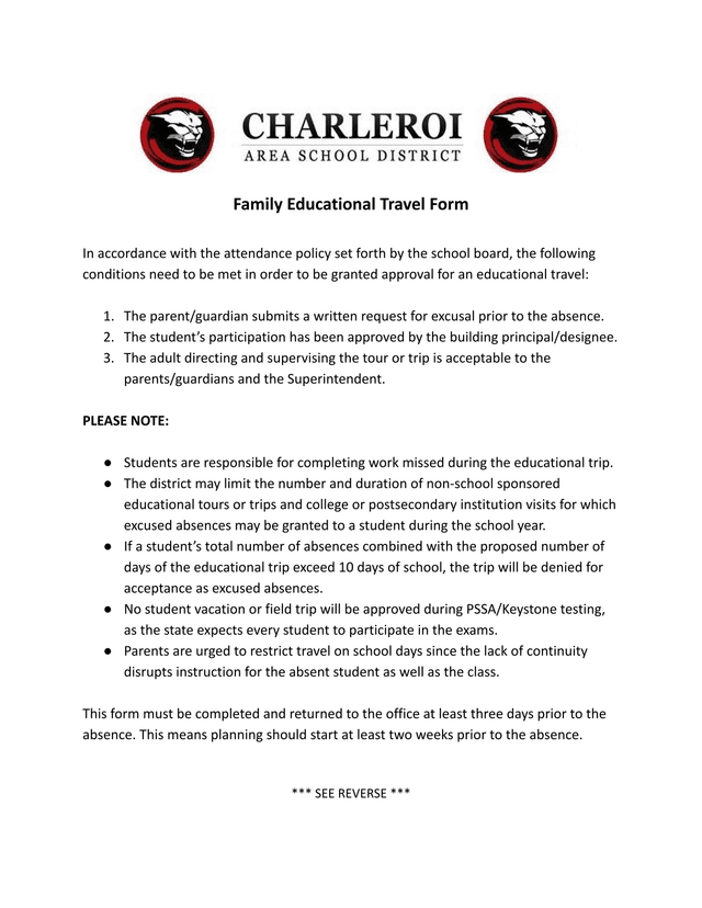 Family Educational Travel Form screenshot