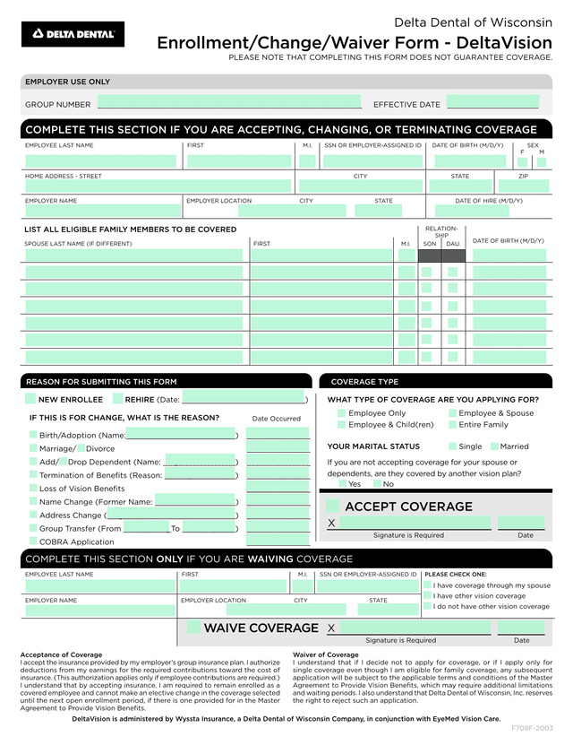 Delta Dental Of Wisconsin EnrollmentChangeWaiver Form   DeltaVision screenshot