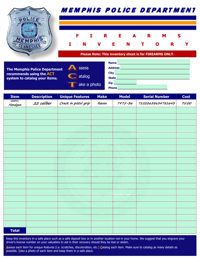 Firearms Inventory Sheet screenshot