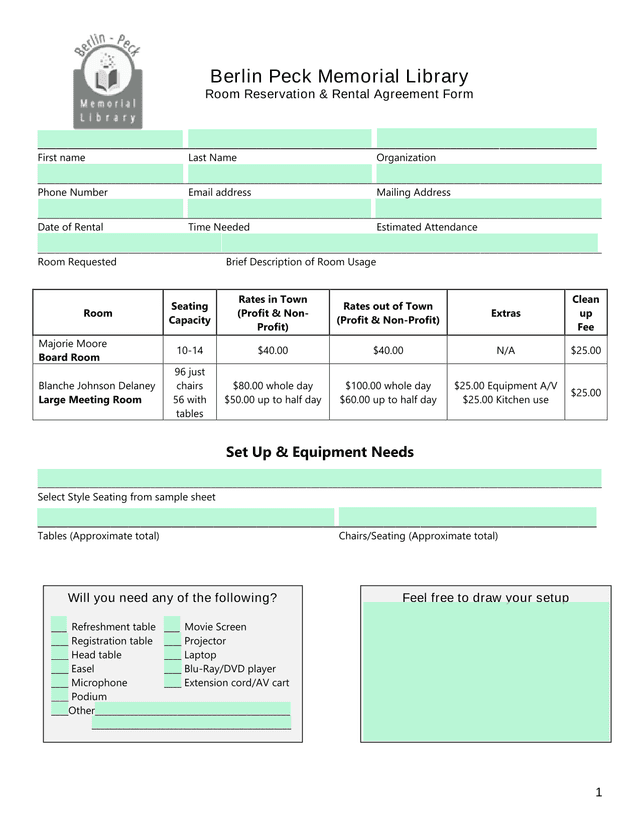 Berlin Peck Memorial Library Room Reservation  Rental Agreement Form screenshot