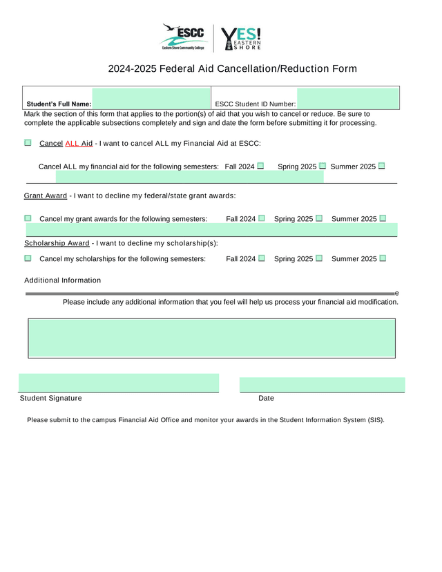 2024 2025 Federal Aid CancellationReduction Form screenshot