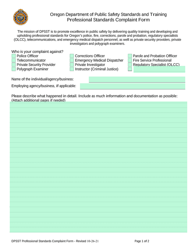 DPSST Professional Standards Complaint Form screenshot