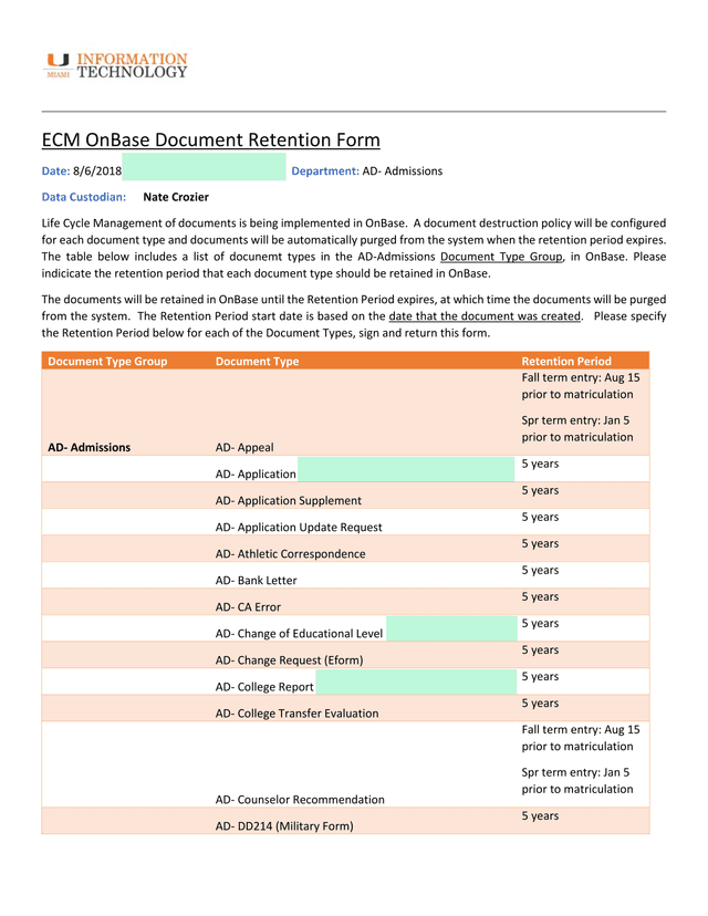 ECM OnBase Document Retention Form screenshot