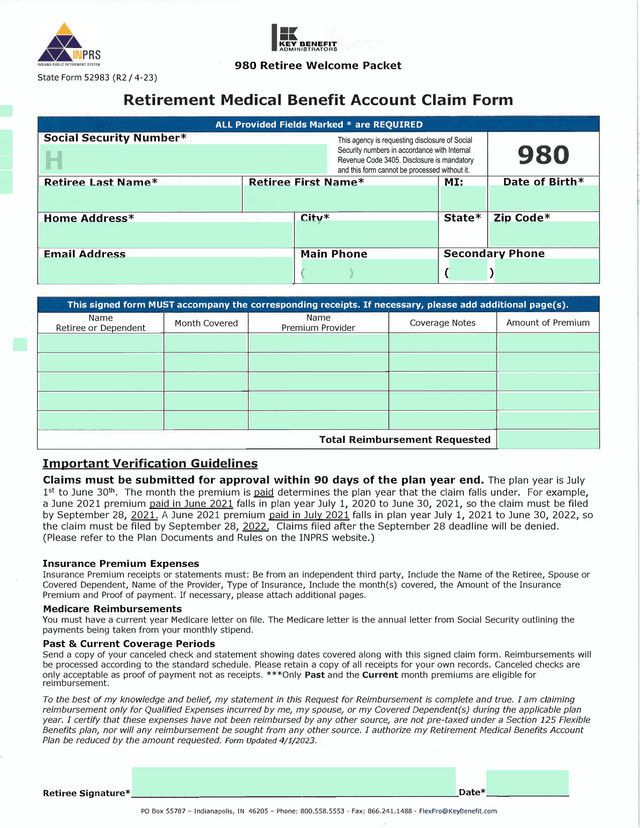 980 Retiree Welcome Packet Retirement Medical Benefit Account Claim Form screenshot