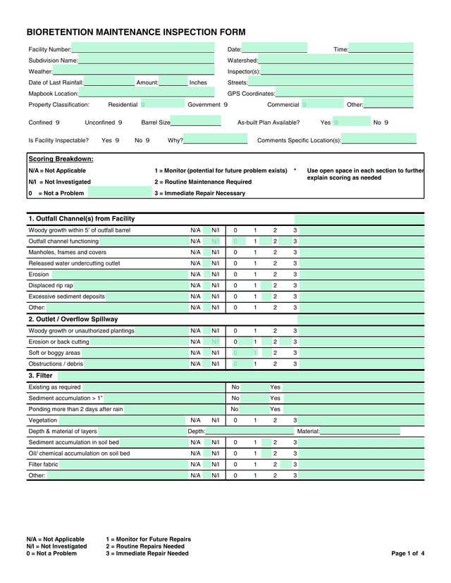 BIORETENTION MAINTENANCE INSPECTION FORM screenshot
