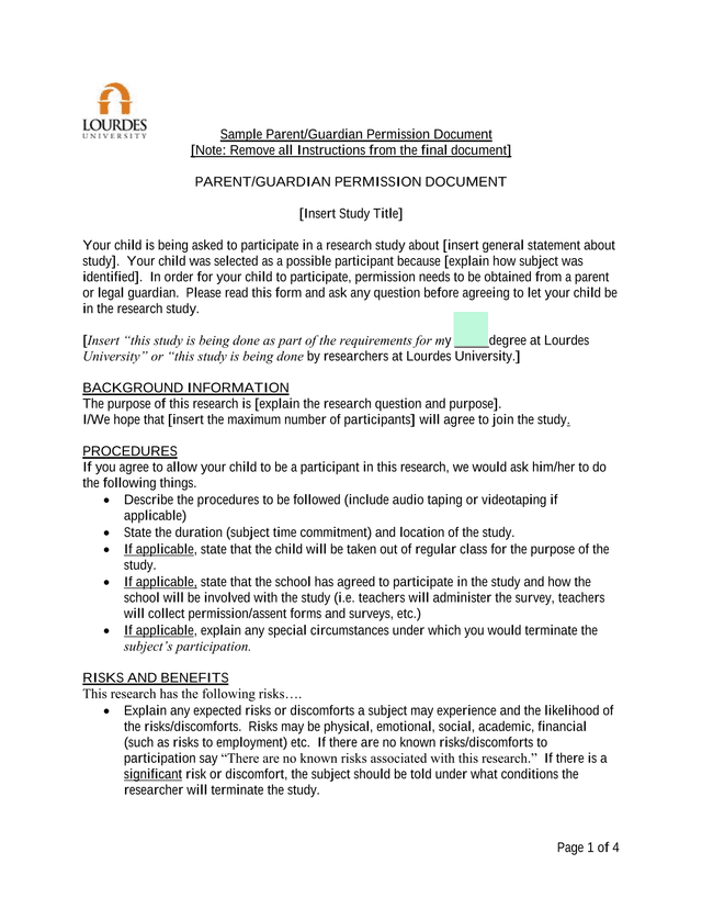 Sample ParentGuardian Permission Document screenshot