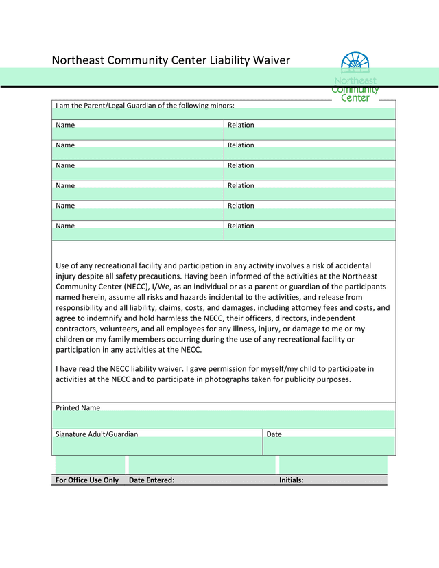 Northeast Community Center Liability Waiver screenshot
