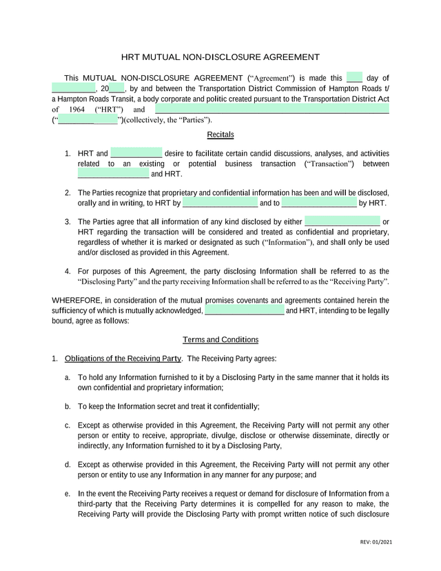 HRT Mutual Non Disclosure Agreement screenshot