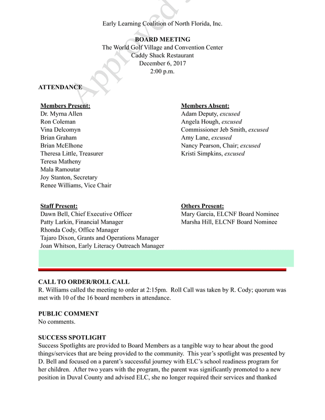 Early Learning Coalition Of North Florida Board Meeting Minutes screenshot