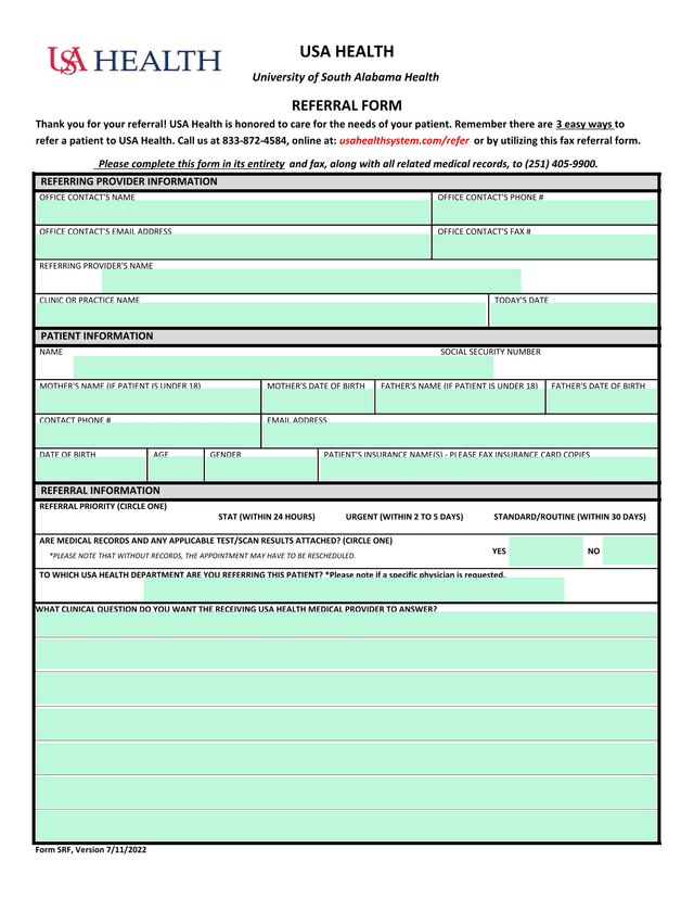 USA Health Referral Form screenshot