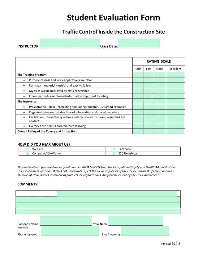 Student Evaluation Form screenshot