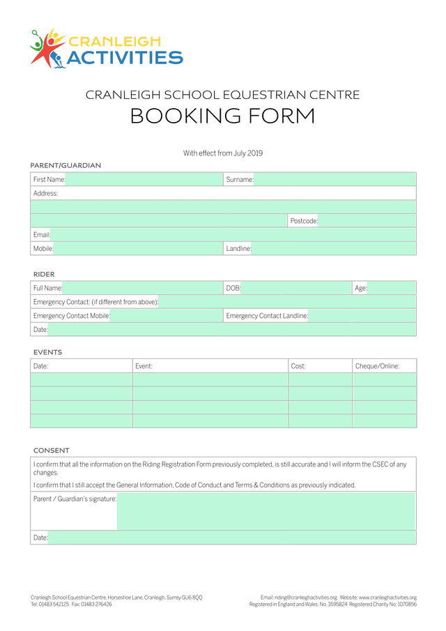 Cranleigh School Equestrian Centre Booking Form screenshot