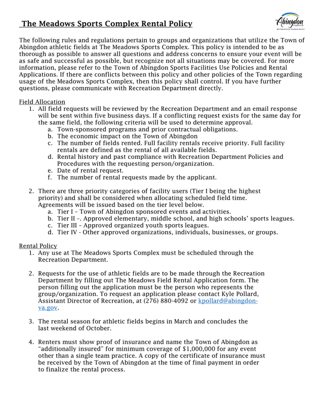 The Meadows Sports Complex Rental Policy screenshot