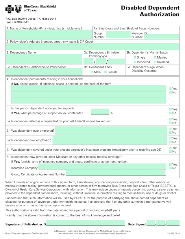 Disabled Dependent Authorization Form screenshot