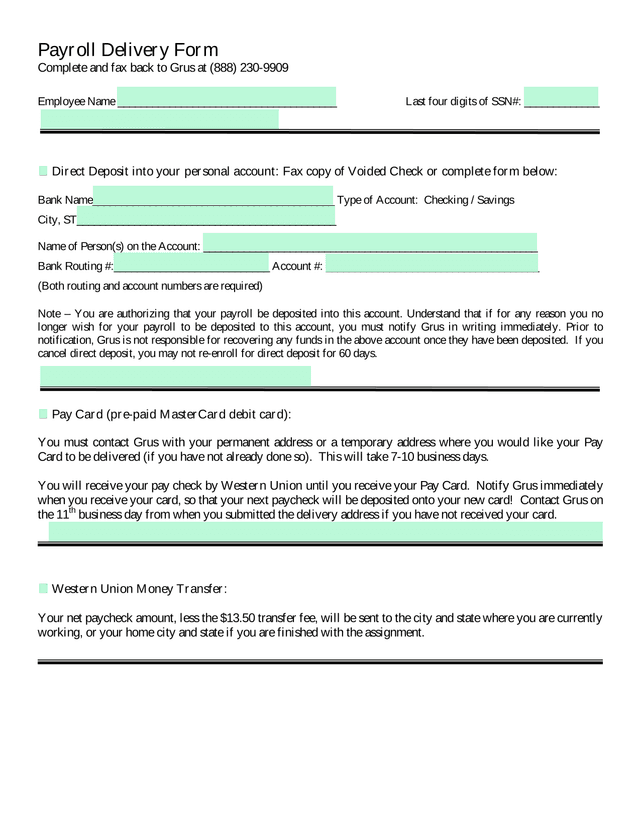 Payroll Delivery Form screenshot