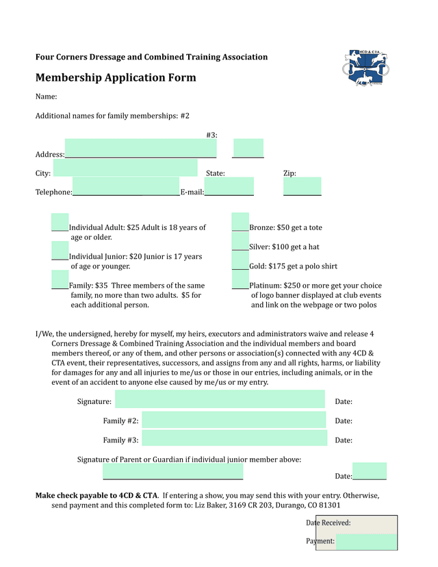 Four Corners Dressage And Combined Training Association Membership Application Form screenshot