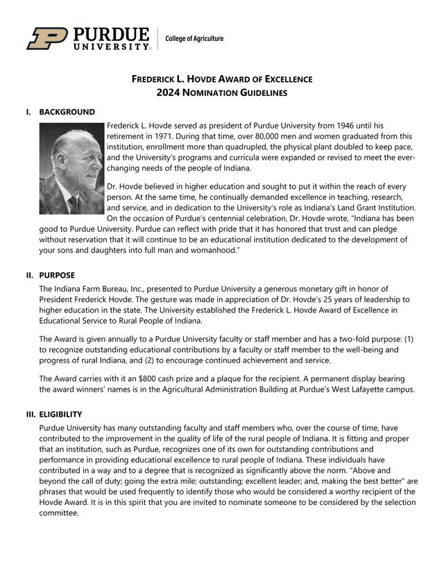 Frederick L. Hovde Award Of Excellence 2024 Nomination Guidelines screenshot