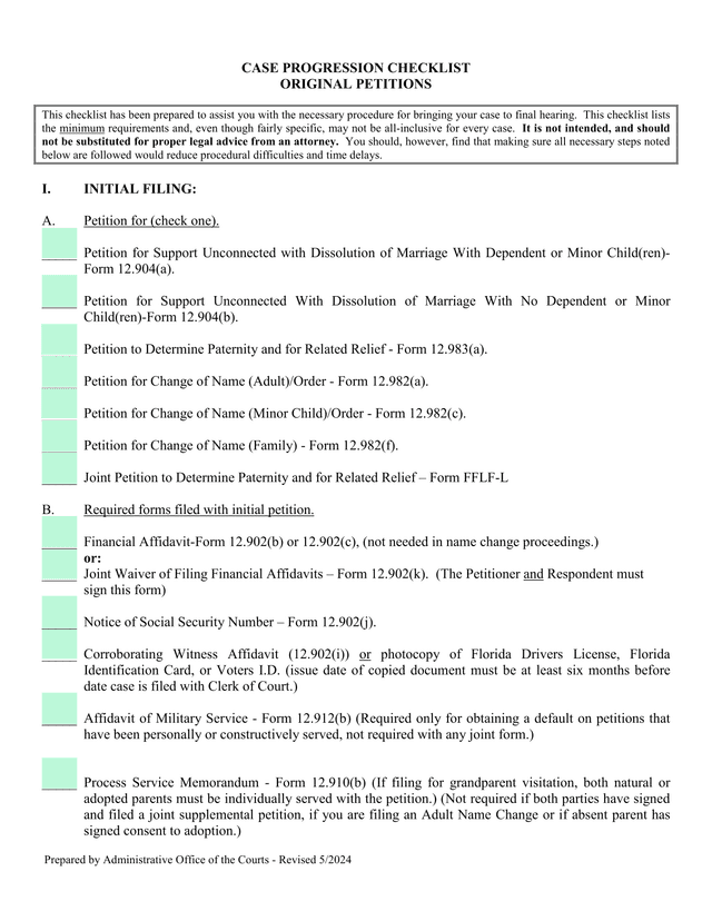 Case Progression Checklist Original Petitions screenshot