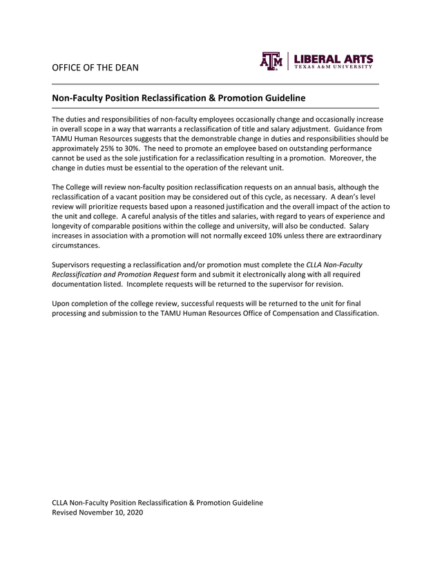 Non Faculty Position Reclassification  Promotion Guideline screenshot