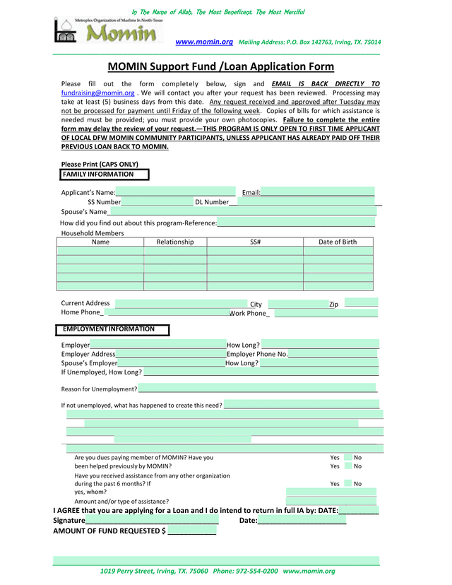 MOMIN Support Fund Loan Application Form screenshot