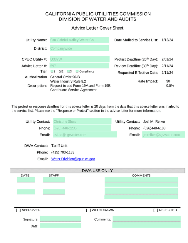 Advice Letter Cover Sheet screenshot