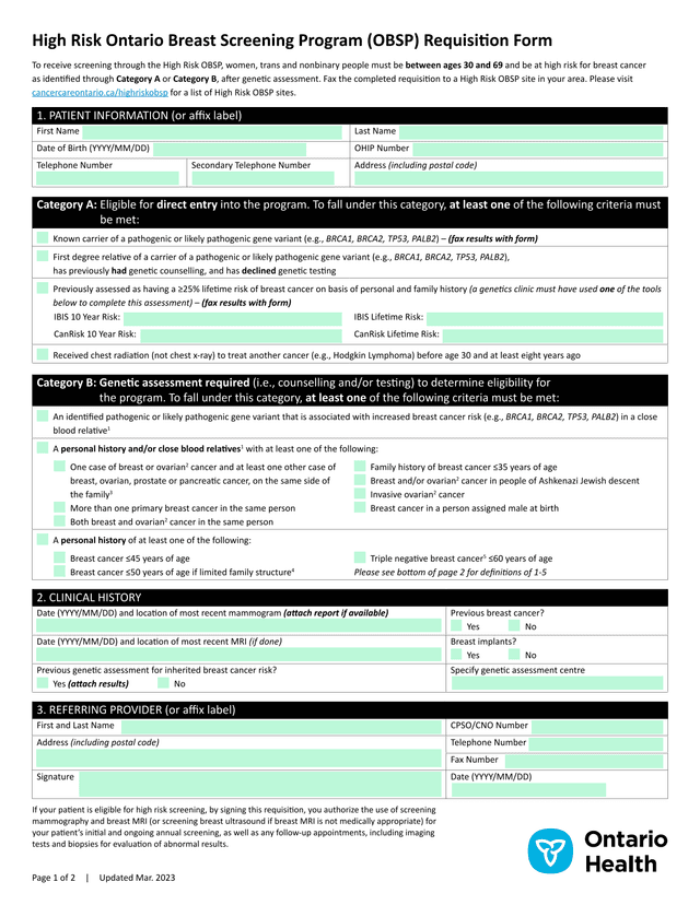 High Risk Ontario Breast Screening Program (OBSP) Requisition Form screenshot