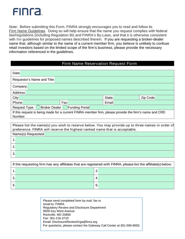 Firm Name Reservation Request Form screenshot