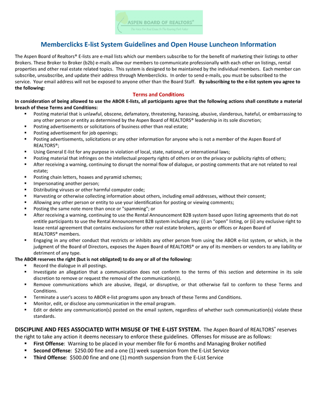 Memberclicks E List System Guidelines And Open House Luncheon Information screenshot
