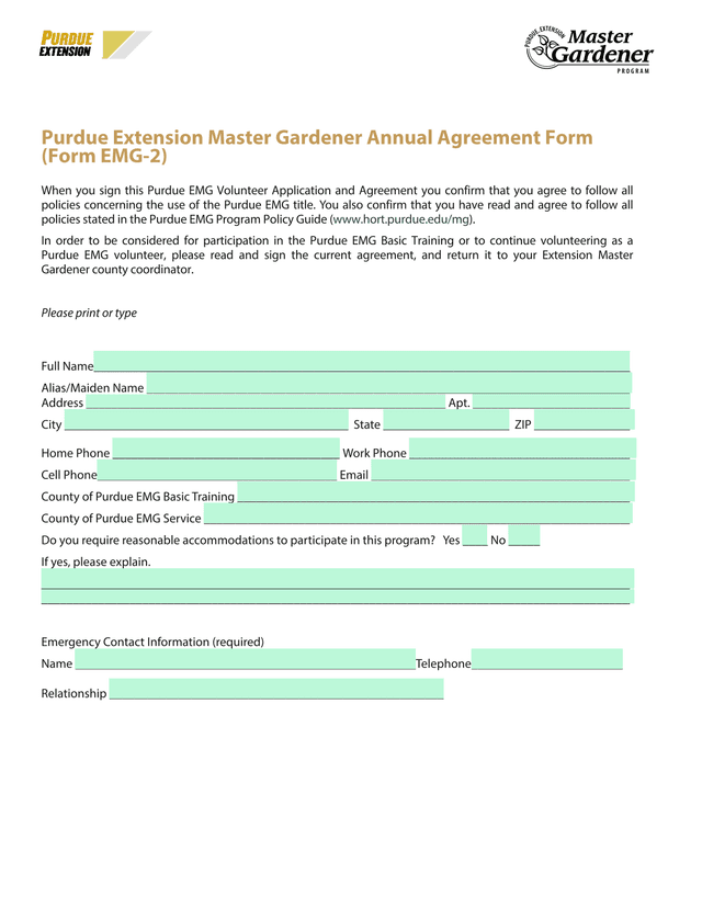 Purdue Extension Master Gardener Annual Agreement Form (Form EMG 2) screenshot