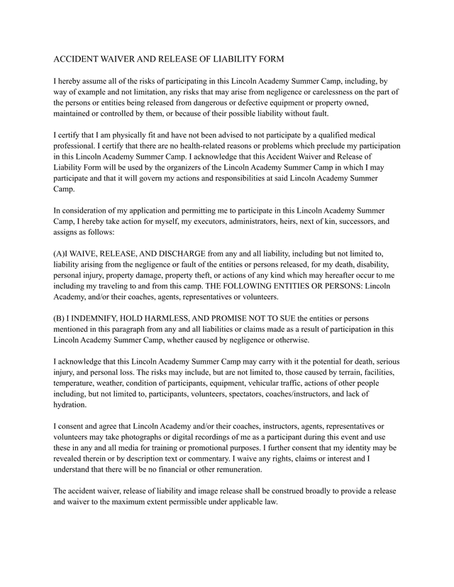 Accident Waiver And Release Of Liability Form screenshot