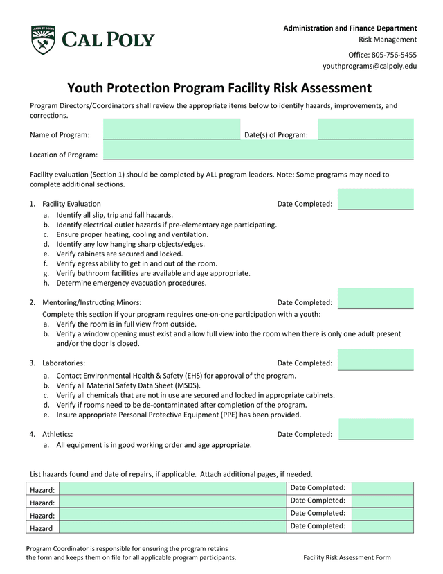 Facility Risk Assessment Form screenshot