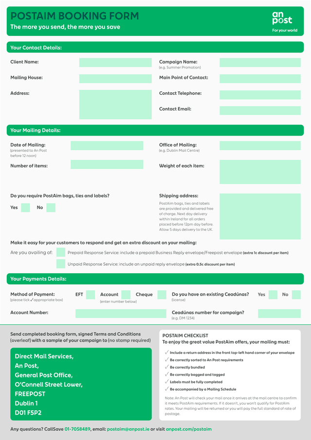 POSTAIM BOOKING FORM screenshot