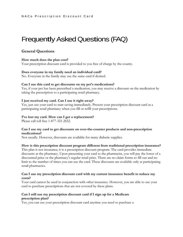 NACo Prescription Discount Card FAQ screenshot