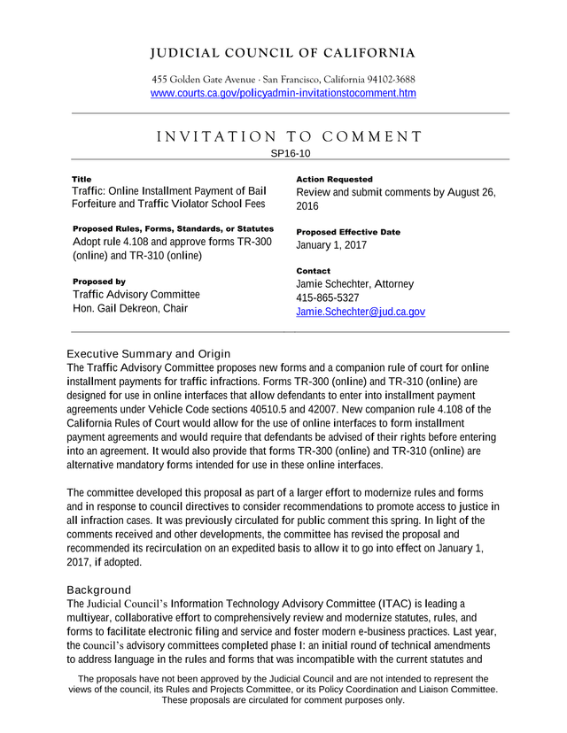 Invitation To Comment SP16 10 Traffic Online Installment Payment Of Bail Forfeiture And Traffic Viol screenshot