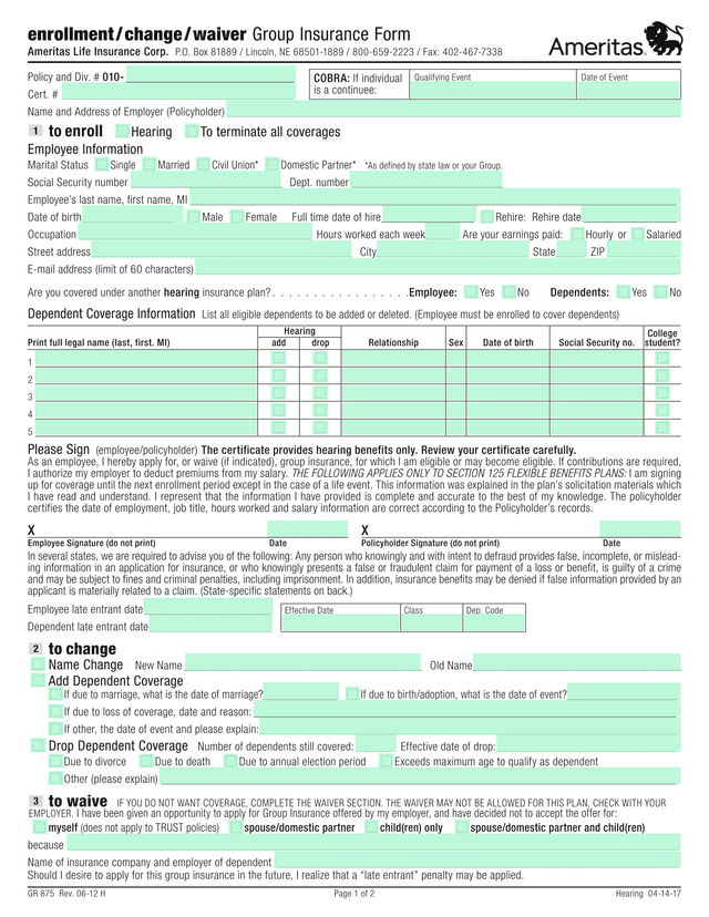 Hearing Insurance Enrollment Form screenshot