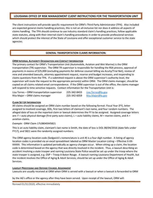 Louisiana Office Of Risk Management Client Instructions For The Transportation Unit screenshot