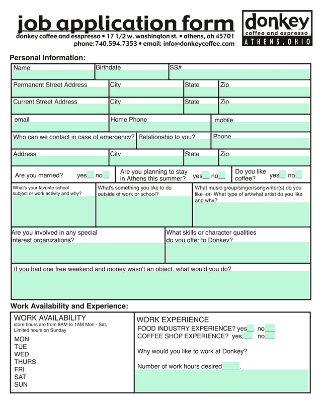 Donkey Coffee Job Application Form screenshot