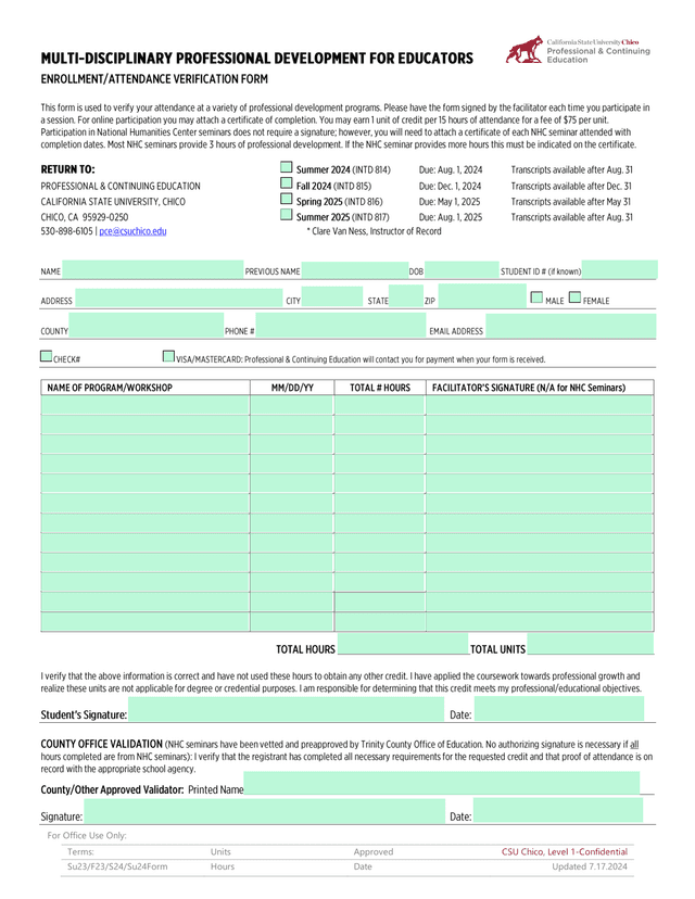 CSU Chico Level 1 Confidential Form screenshot