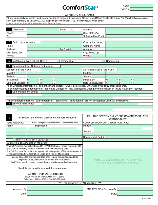 ComfortStar Warranty Claim Form screenshot