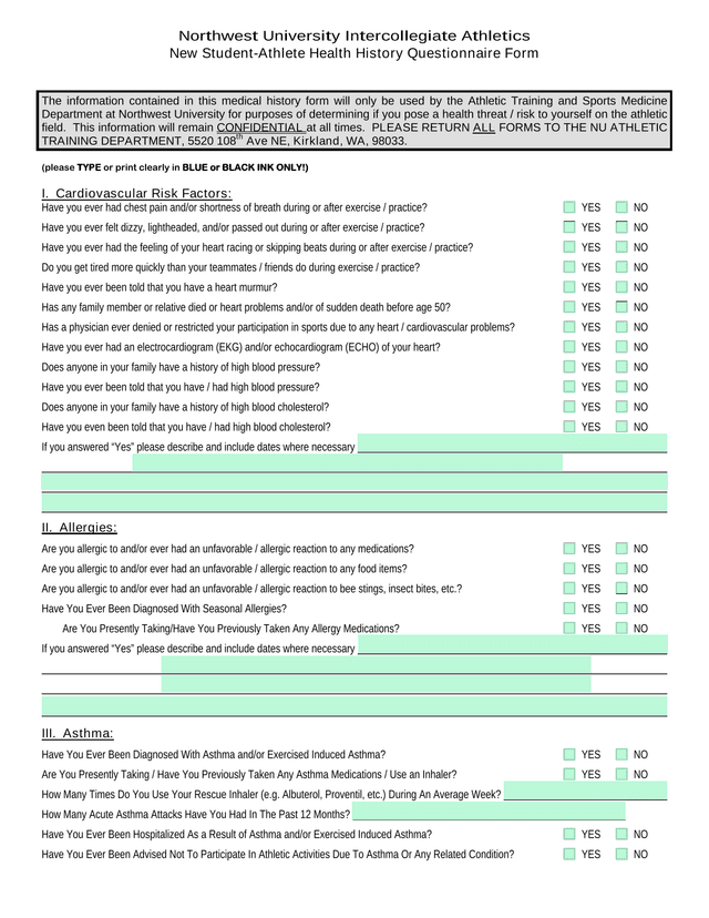 New Student Athlete Health History Questionnaire Form screenshot