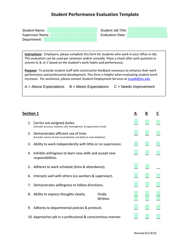 Student Performance Evaluation Template screenshot