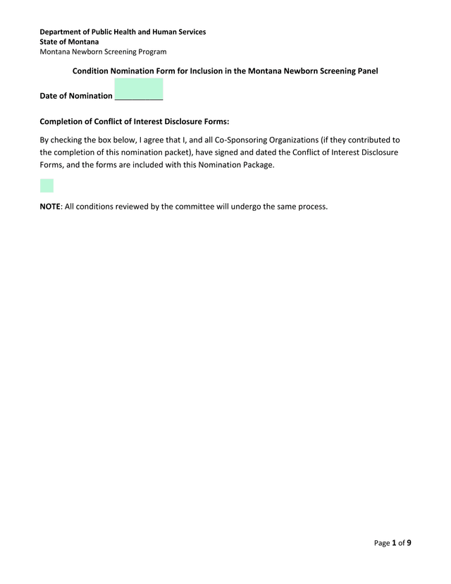 Montana Newborn Screening Program Condition Nomination Form screenshot