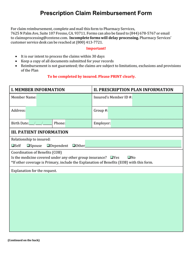 Prescription Claim Reimbursement Form screenshot