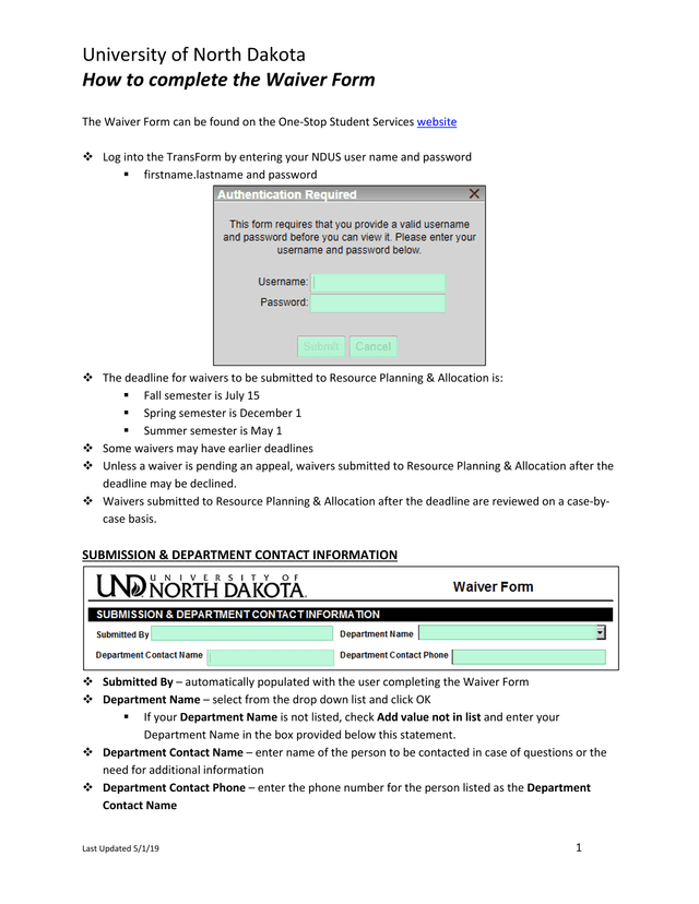 University Of North Dakota Waiver Form Instructions screenshot