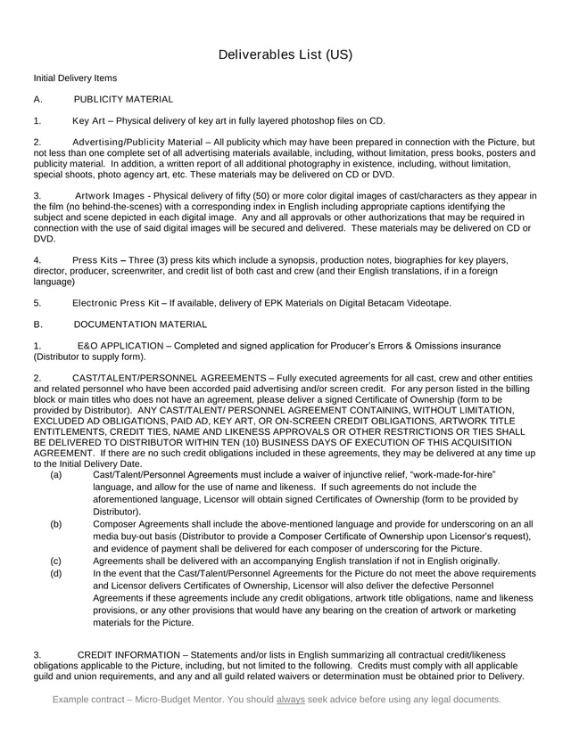 Deliverables List (US) screenshot