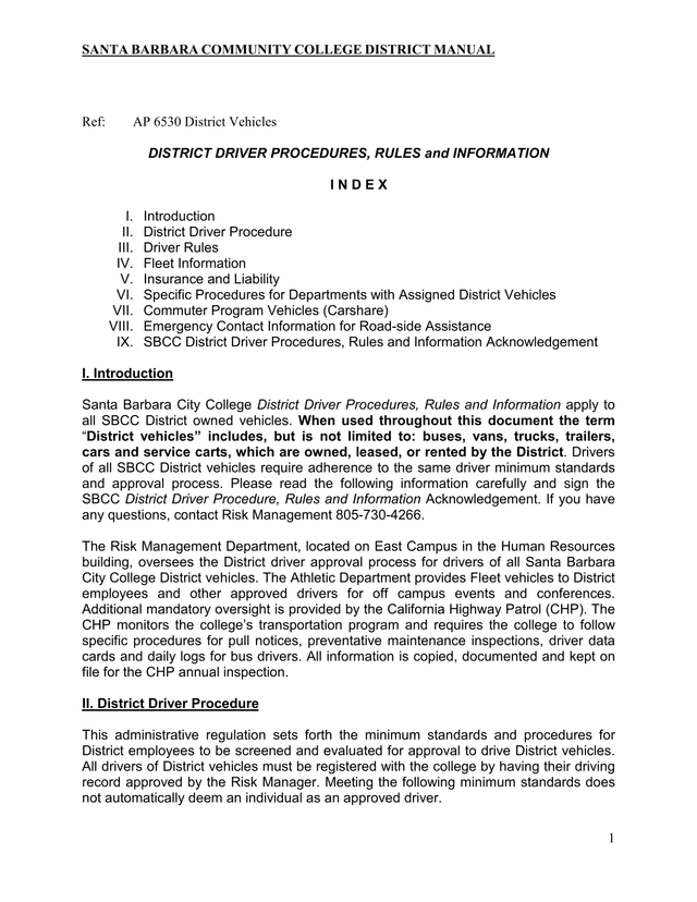 SANTA BARBARA COMMUNITY COLLEGE DISTRICT MANUAL   District Driver Procedures, Rules And Information screenshot