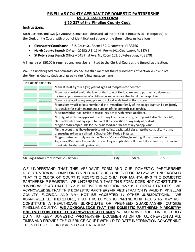 Pinellas County Affidavit Of Domestic Partnership Registration Form screenshot