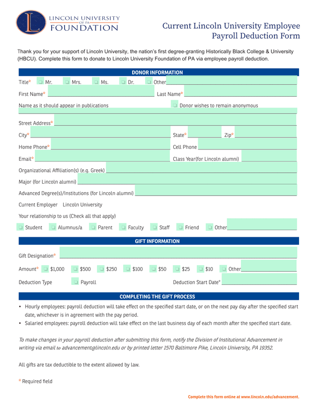 Current Lincoln University Employee Payroll Deduction Form screenshot
