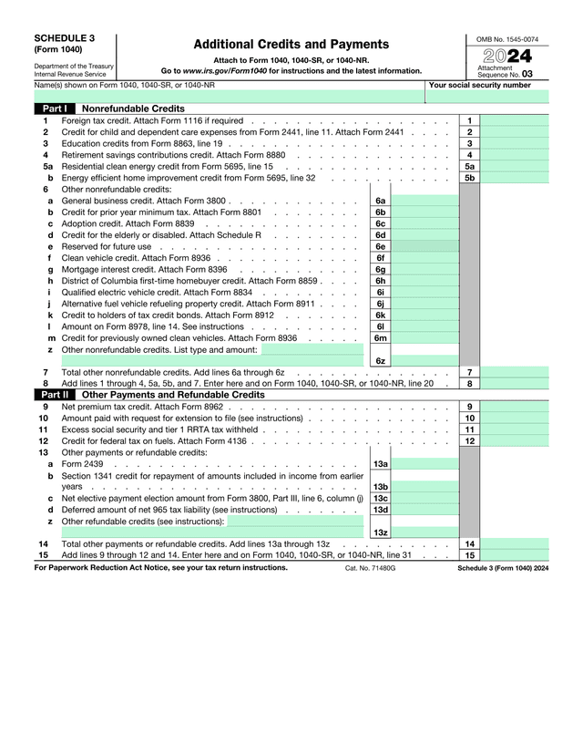 Additional Credits And Payments (Schedule 3, Form 1040) screenshot