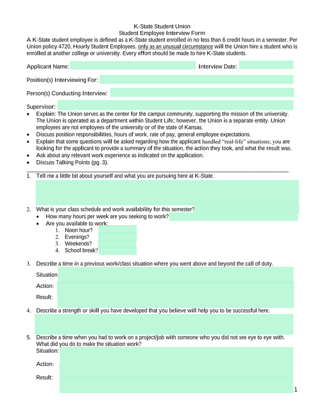 K State Student Union Student Employee Interview Form screenshot